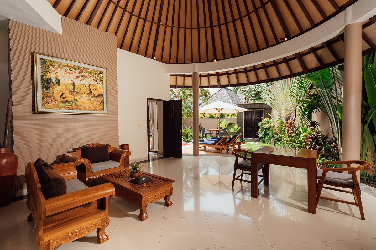Villa living and dining area with wooden furniture, The Bidadari Villas & Spa
