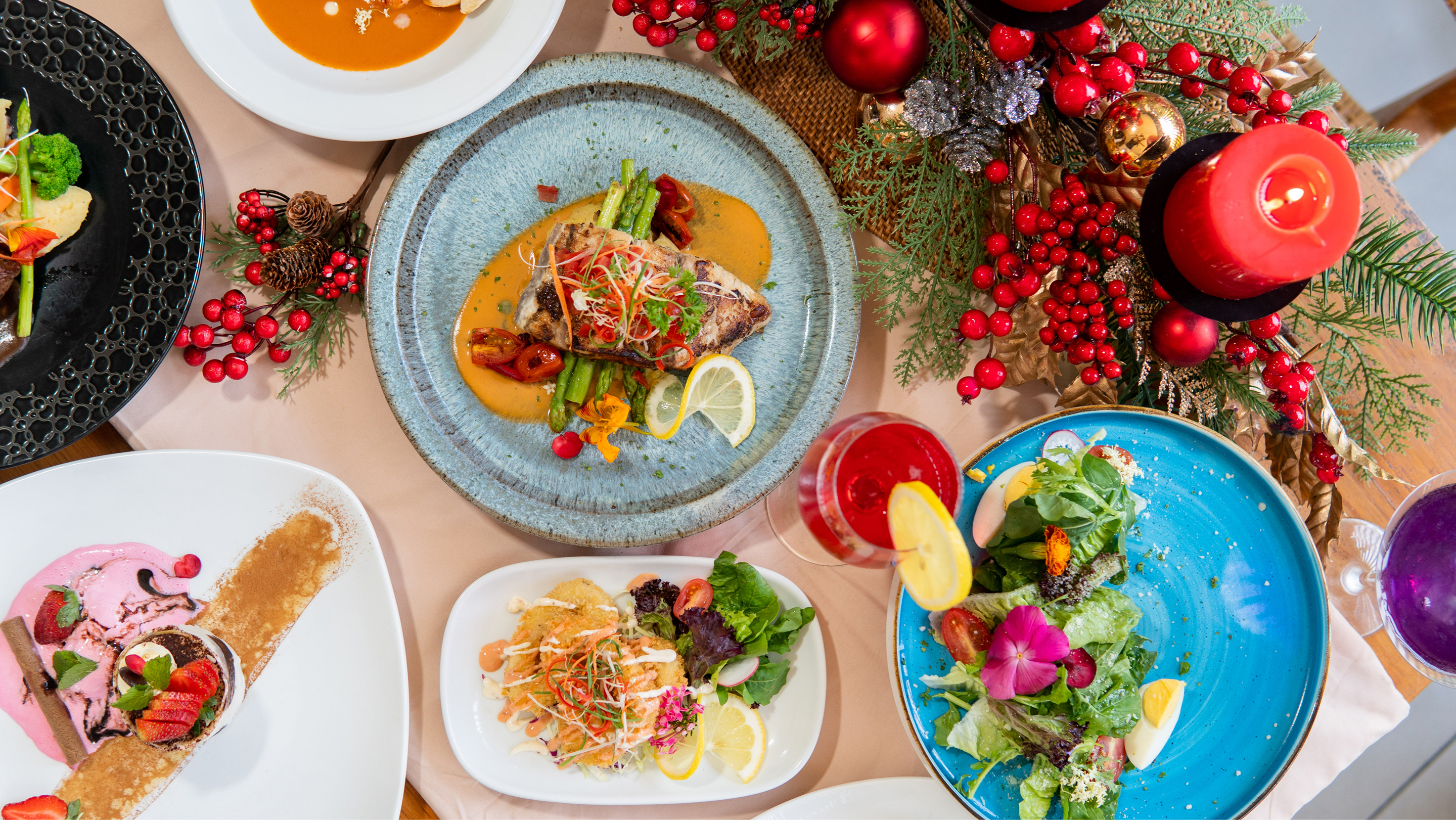 Overhead spread of Balinese and Indonesian dishes at Yubi Restaurant, The Bidadari
