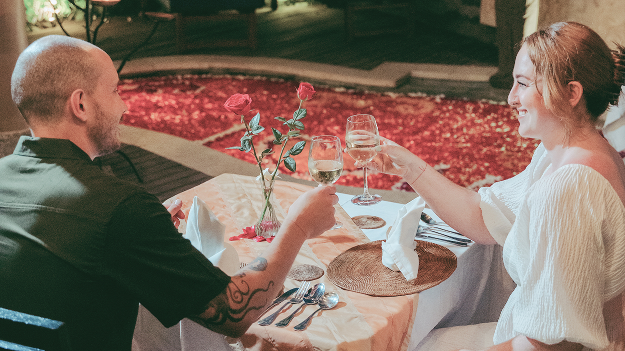 Romantic poolside candlelight dinner with rose petals, The Bidadari, Bali